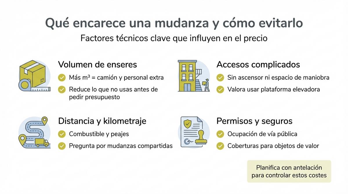 Infografía con una checklist de servicios adicionales y costes ocultos en una mudanza