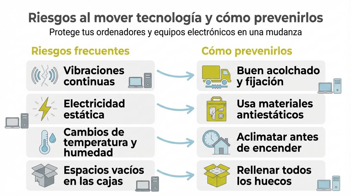 Diagrama checklist con los materiales básicos para embalar equipos electrónicos en una mudanza