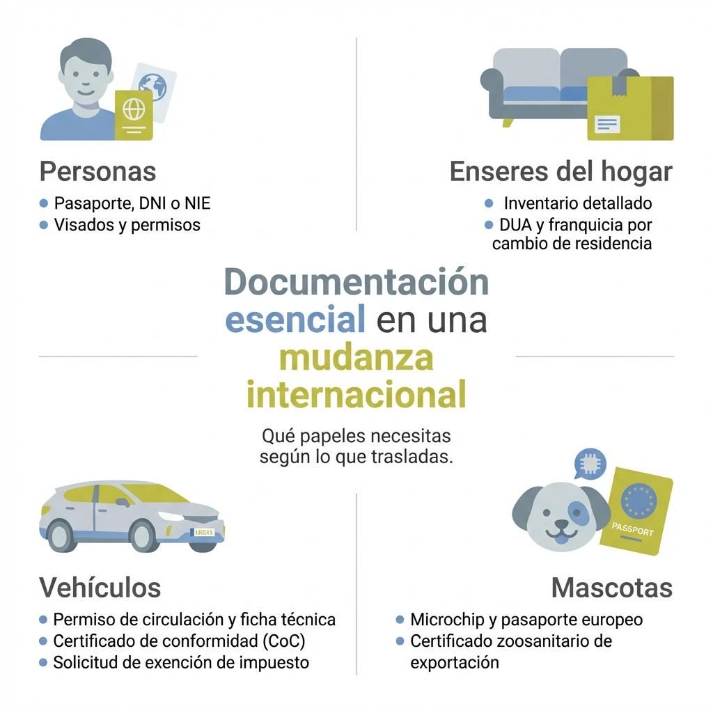 Diagrama en cuatro cuadrantes con la documentación esencial para personas, enseres, vehículos y mascotas en una mudanza internacional.