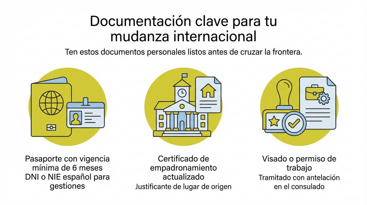 Infografía con tres columnas que resumen la documentación personal necesaria para una mudanza internacional.