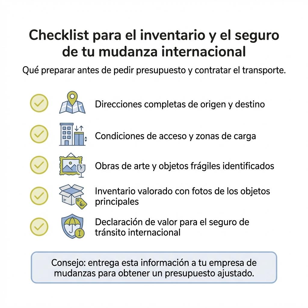 Infografía en formato checklist con los datos necesarios para preparar inventario y seguro en una mudanza internacional.