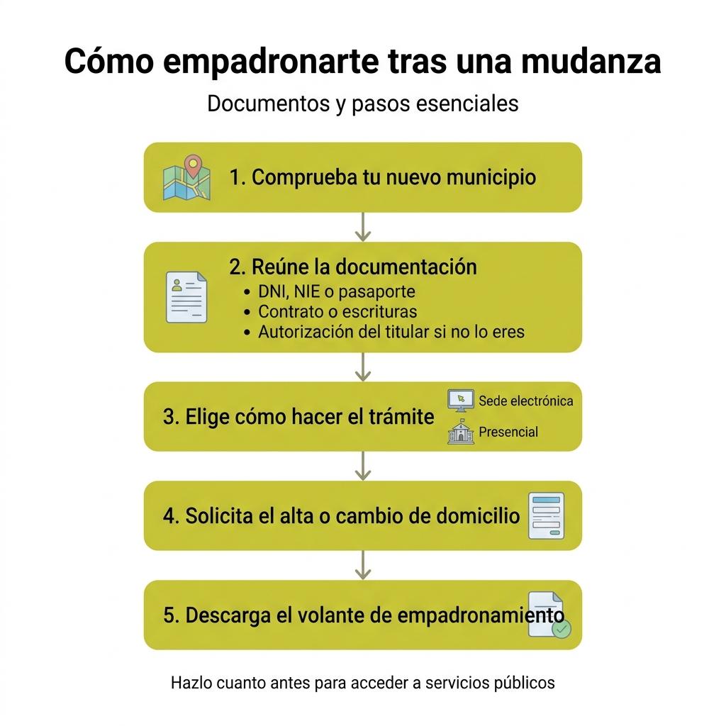 Diagrama de flujo con los pasos y documentos necesarios para empadronarse tras un cambio de domicilio