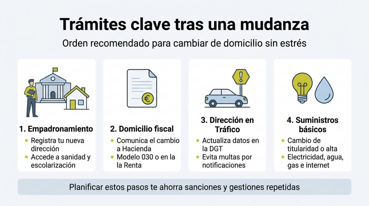Infografía con los cuatro trámites administrativos básicos que hacer tras una mudanza ordenados por prioridad