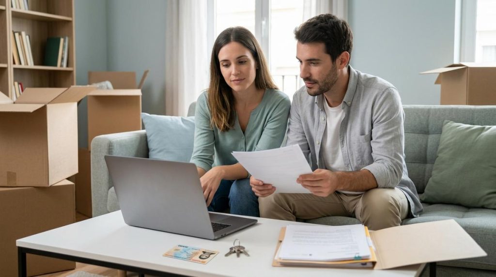 Pareja Revisando Tramites Administrativos En El Salon De Su Nueva Vivienda Con Portatil Y Documentos Sobre La Mesa Tras La Mudanza
