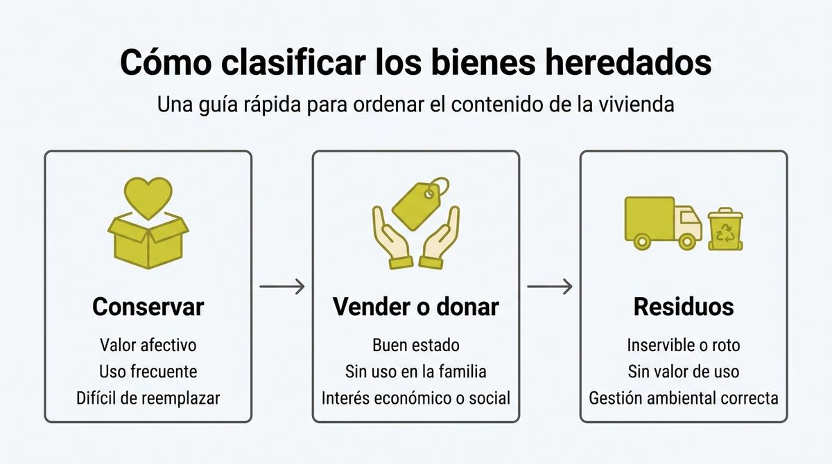 Diagrama que muestra el flujo para clasificar bienes heredados en conservar, vender o donar, y residuos.