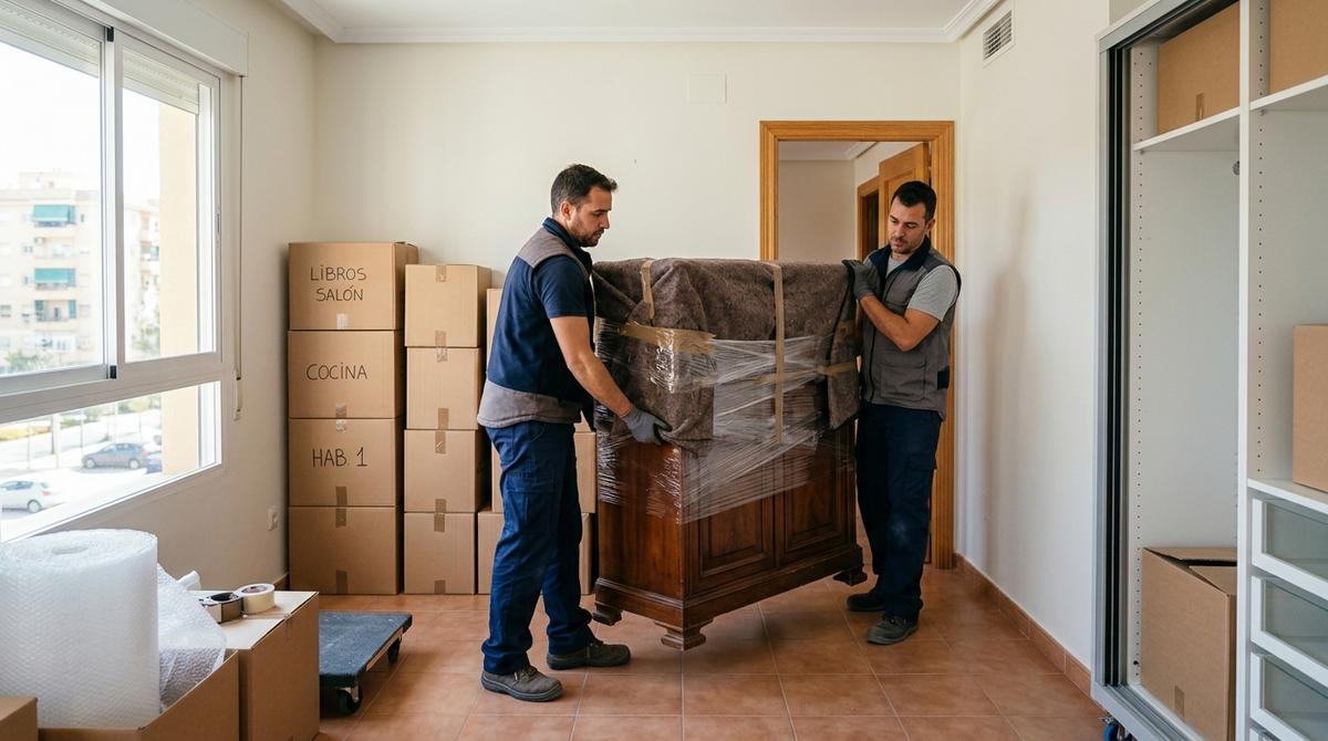 Dos operarios de una empresa de mudanzas trasladan un mueble protegido en una vivienda casi vacía.
