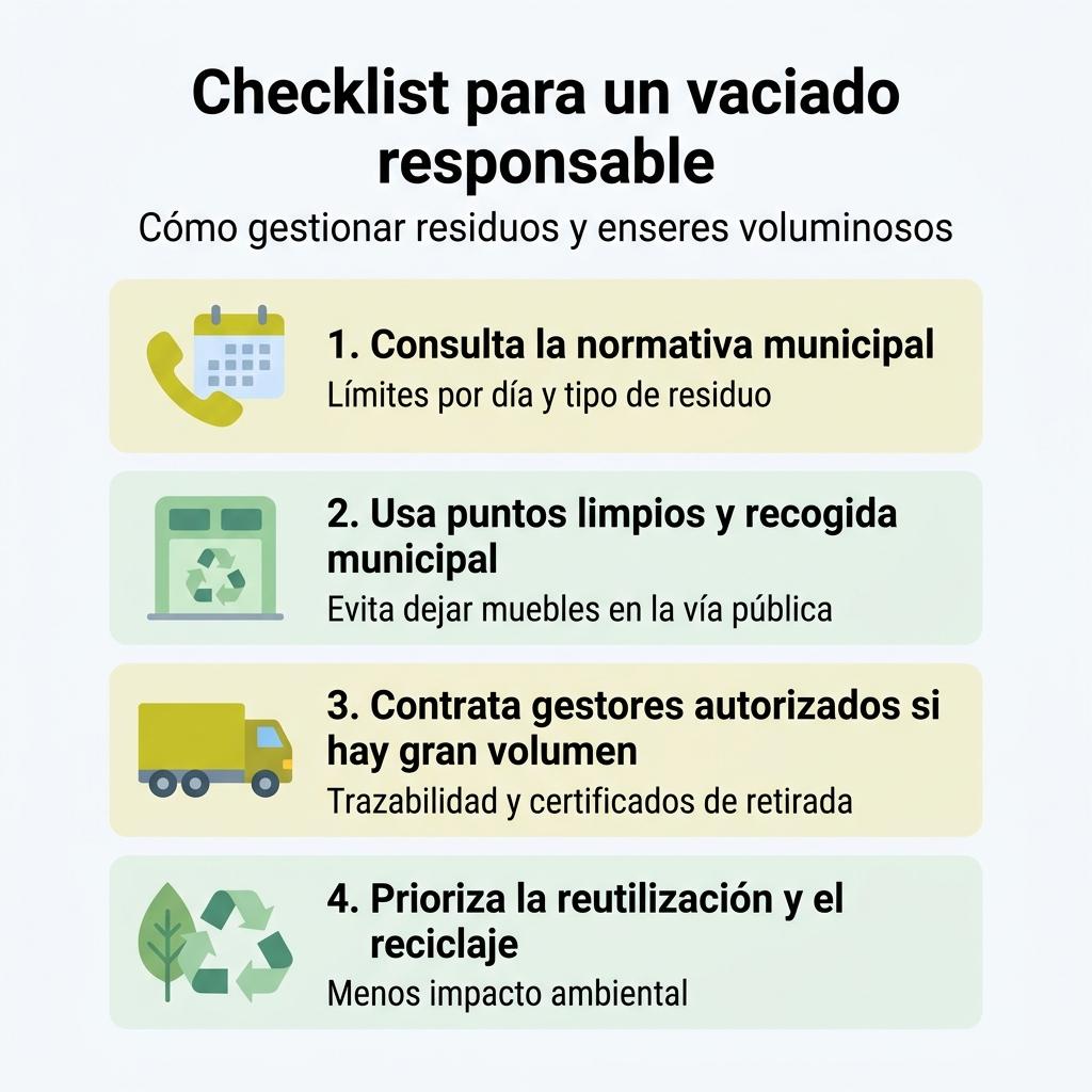 Infografía con una checklist para gestionar de forma responsable los residuos al vaciar una vivienda heredada.
