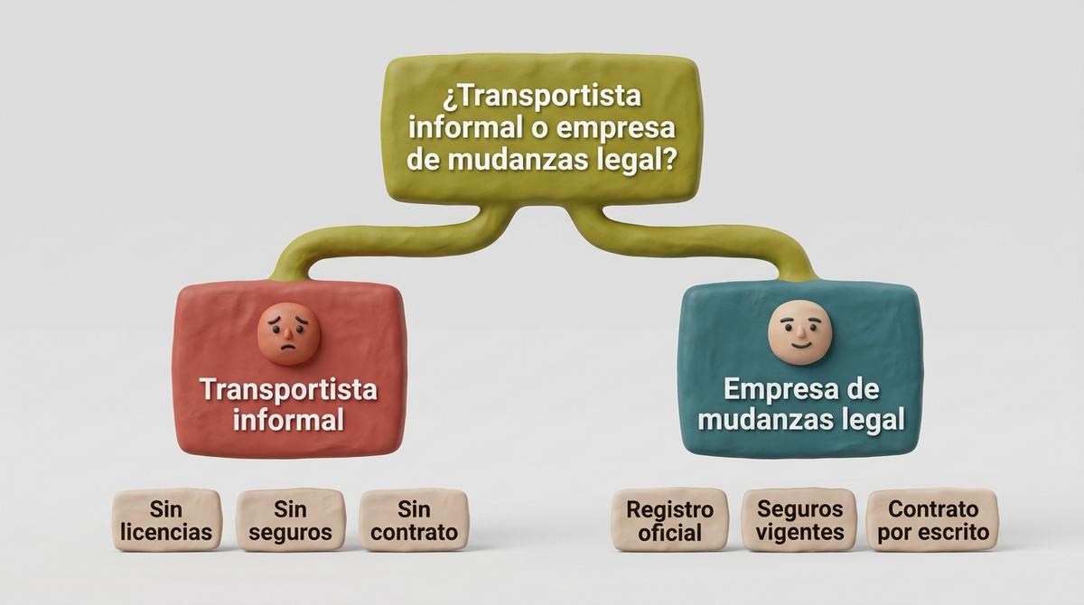 Diagrama comparativo en estilo plastilina que contrapone un transportista informal frente a una empresa de mudanzas legal.