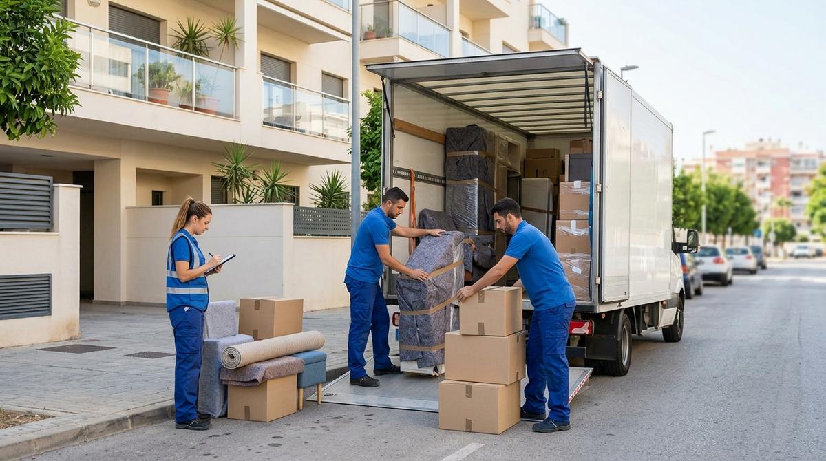 Equipo de mudanzas profesional cargando muebles y cajas ordenadas en un camión frente a un edificio residencial