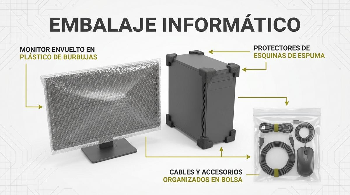 Esquema técnico para el embalaje y traslado de equipos informáticos