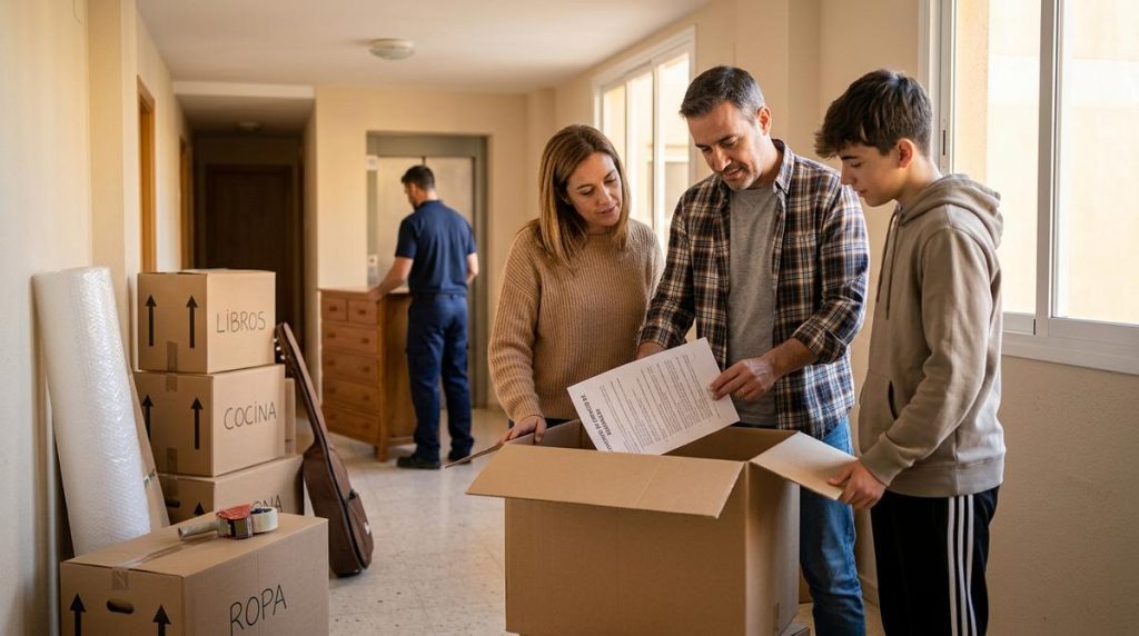 Familia Revisando El Contrato De Una Empresa De Mudanzas Profesional Entre Cajas De Carton En Su Nuevo Hogar