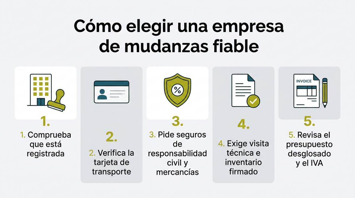 Infografía con cinco claves para elegir una empresa de mudanzas fiable, desde la verificación legal hasta el presupuesto desglosado.