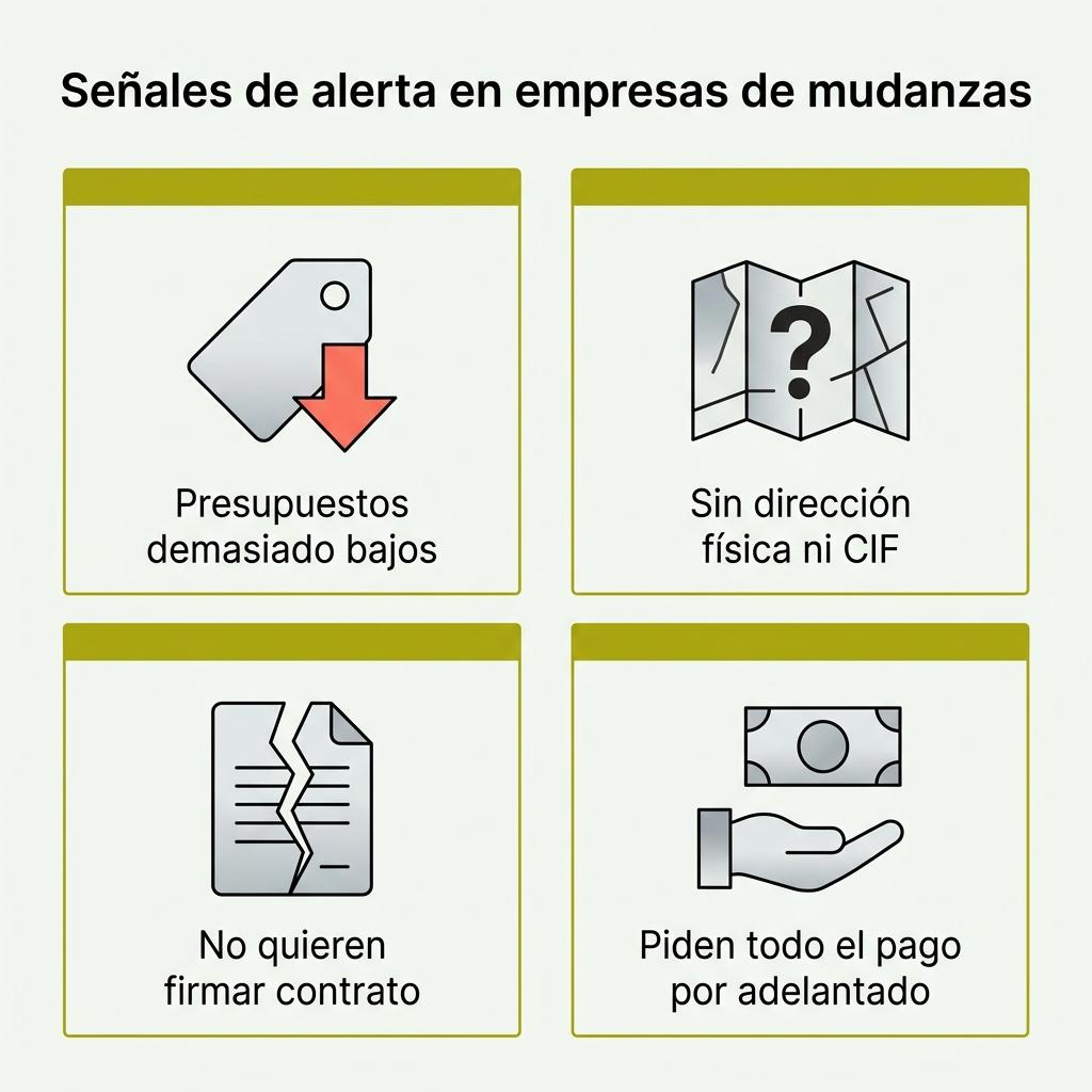 Infografía con cuatro señales de alerta para detectar empresas de mudanzas fraudulentas.