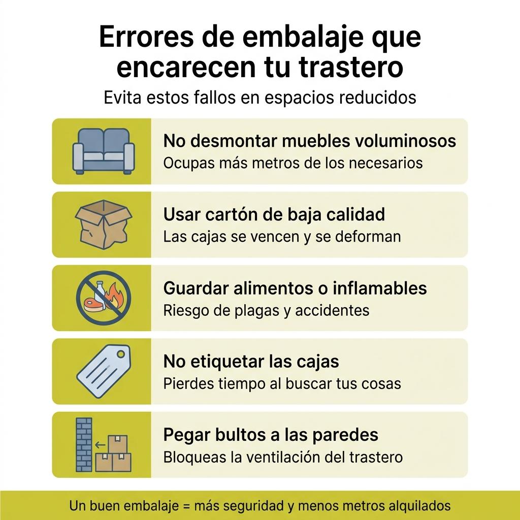 Infografía con los principales errores de embalaje al usar un trastero