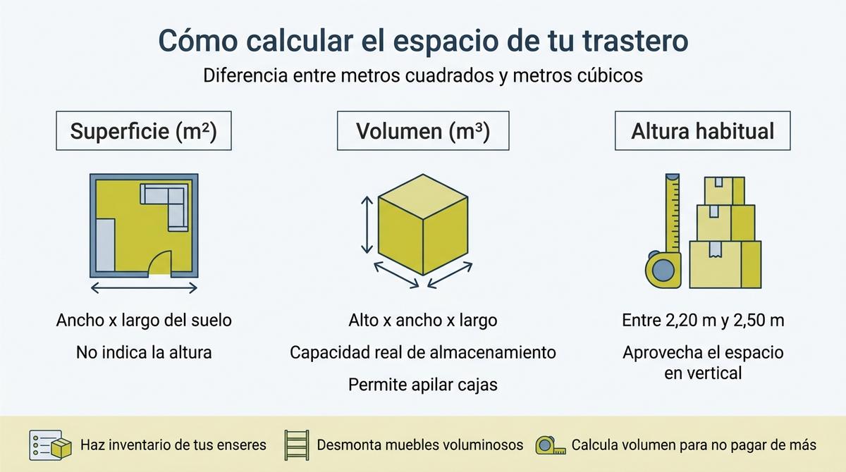 Infografía que explica la diferencia entre superficie en metros cuadrados y volumen en metros cúbicos para un trastero