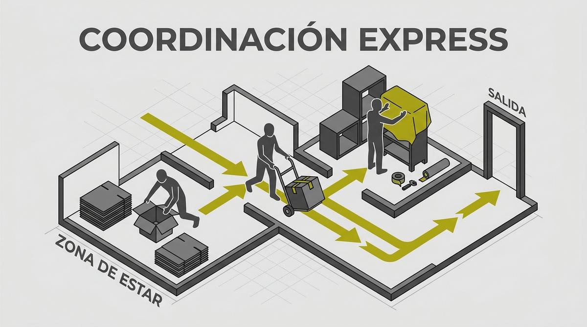 Equipo de operarios realizando una mudanza express de forma coordinada