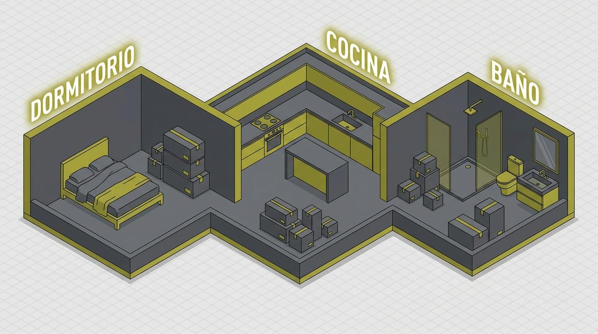 Organización de cajas por habitaciones durante el desembalaje