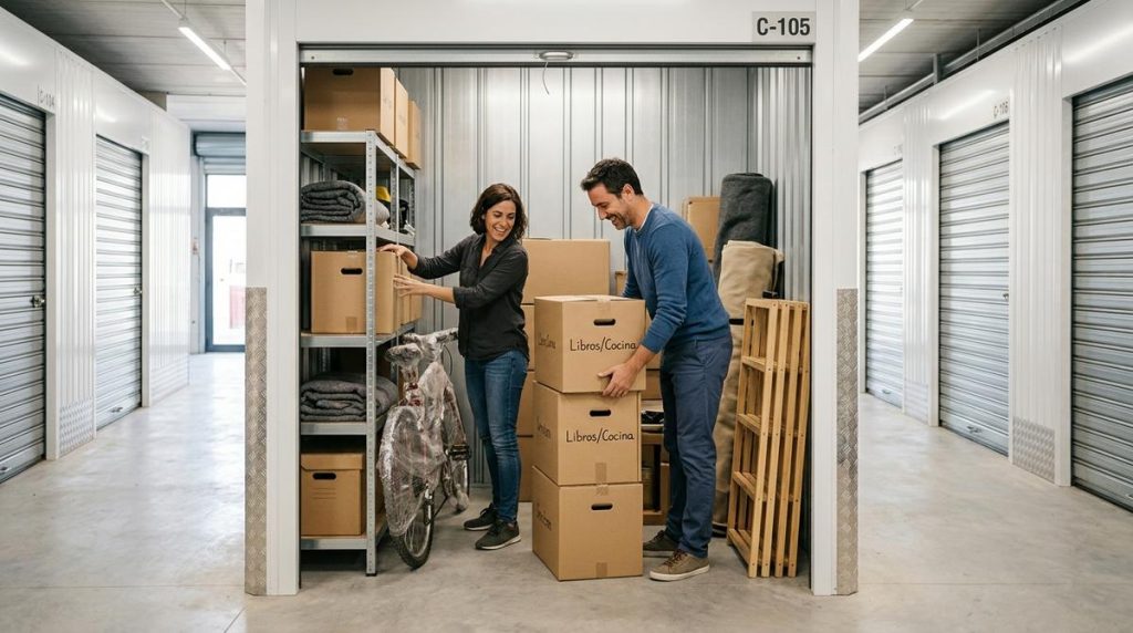 Pareja Organizando Cajas Y Muebles Desmontados Dentro De Un Trastero Moderno De Autoservicio Bien Iluminado