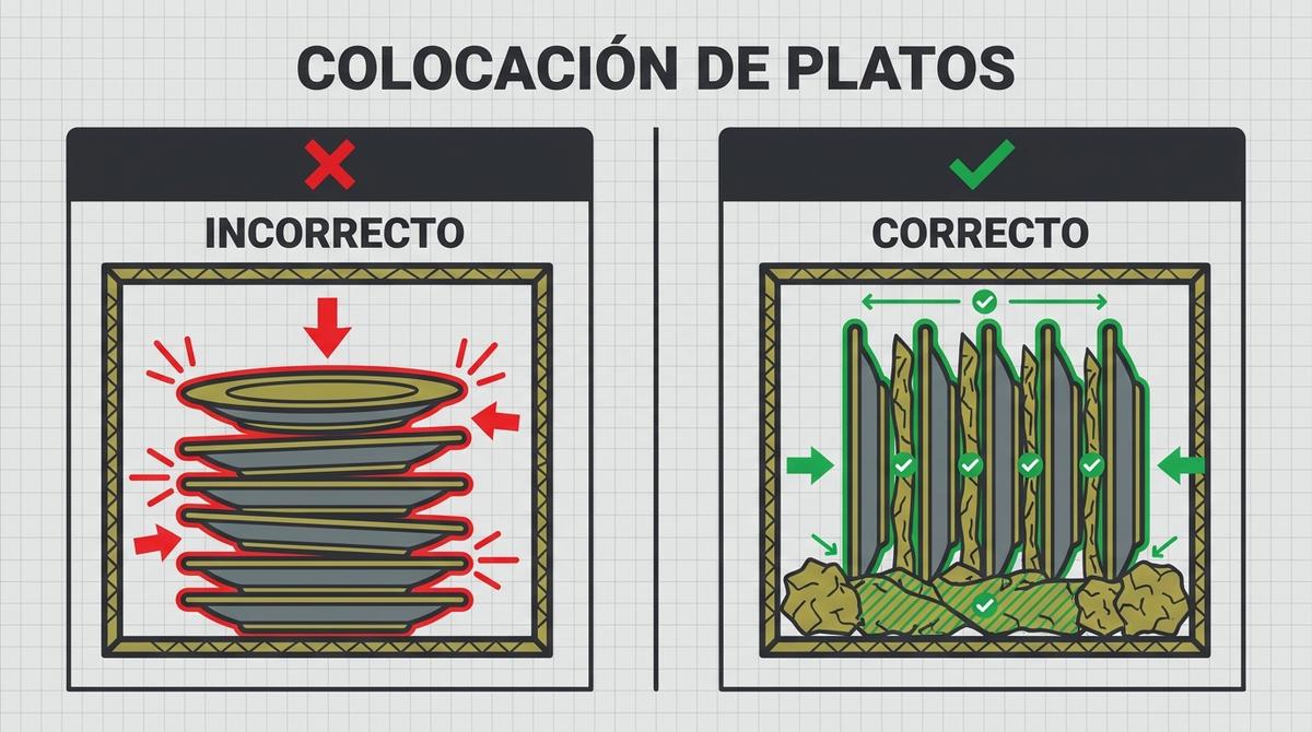 Comparativa de la posición correcta para embalar platos en una mudanza