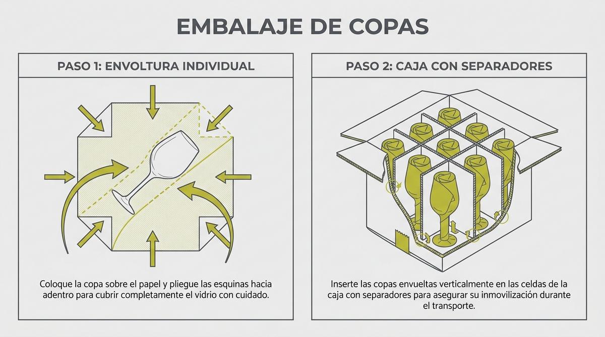 Infografía con los pasos para envolver y embalar copas de cristal