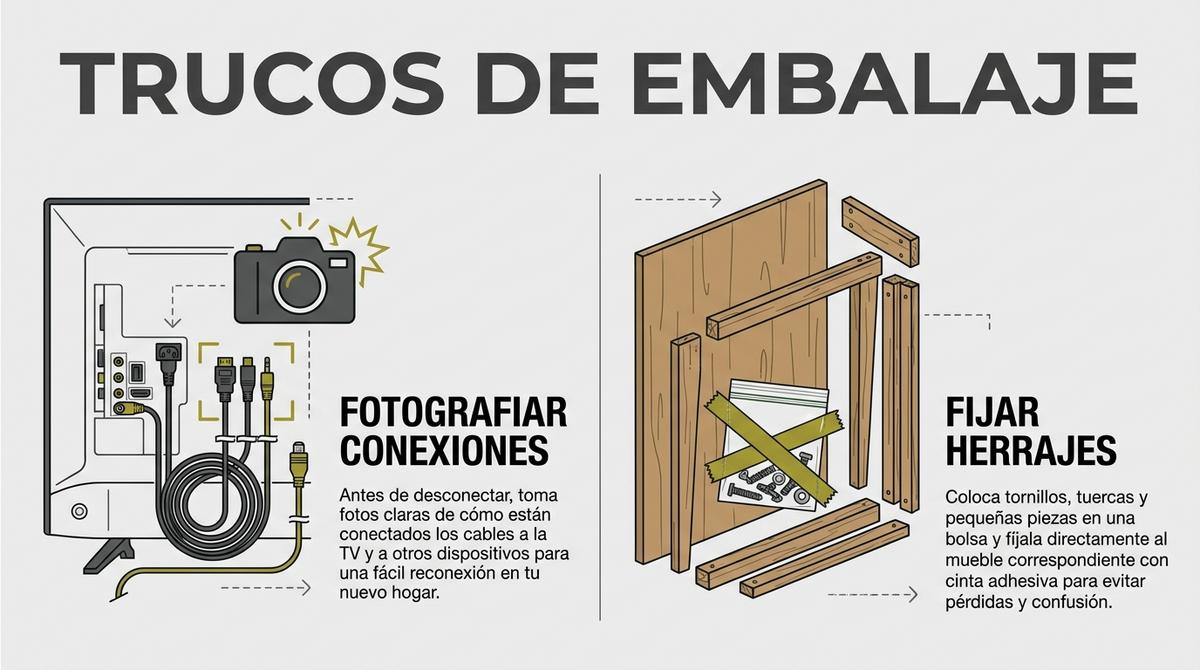 Guía visual para empaquetar cables y piezas de muebles desmontados