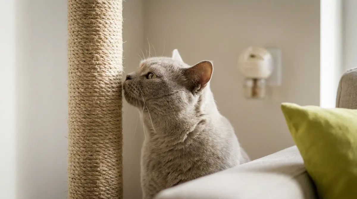 Primer plano de un gato doméstico relajado oliendo un rascador cerca de un difusor de feromonas en su nueva habitación