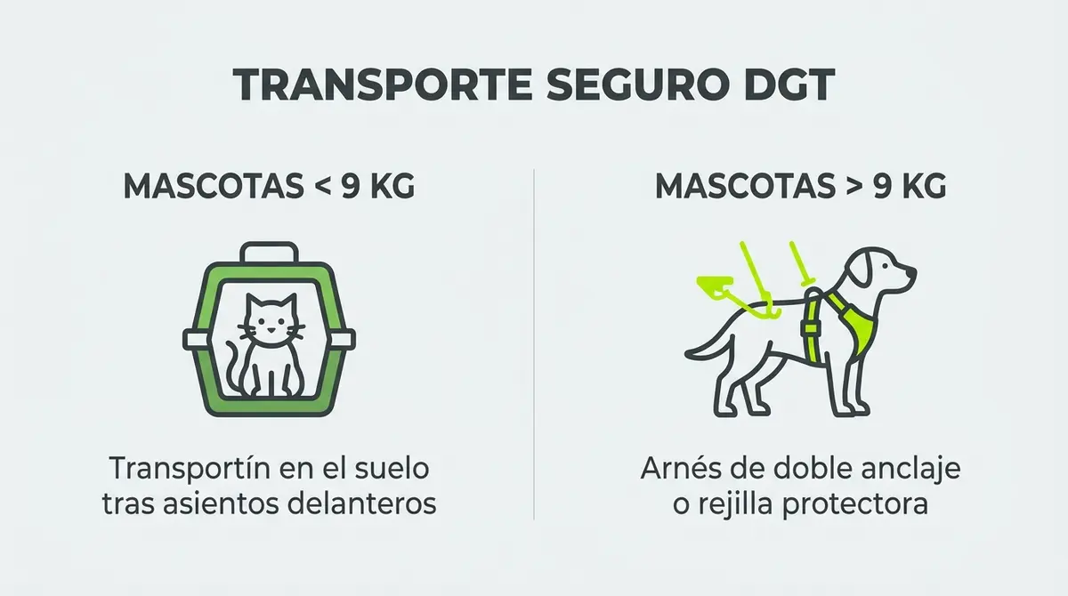 Infografía técnica sobre las normas de transporte seguro para mascotas según su tamaño establecido por la DGT