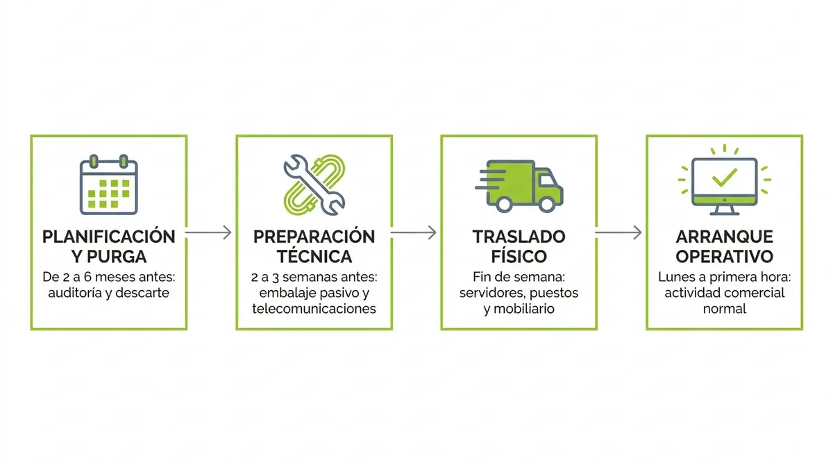 Cronograma secuencial en cuatro fases para planificar el traslado de una oficina sin interrupciones