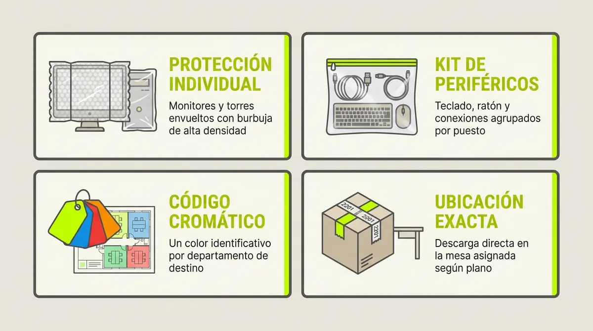 Infografía de tarjetas con el protocolo de embalaje y etiquetado cromático para puestos informáticos